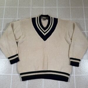 Vintage Structure Varsity Tennis Sweater Men's L Cream Striped Preppy Y2K 90s